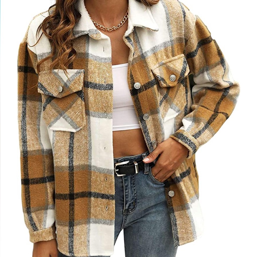Uaneo Womens Plaid Shacket Button Down Wool Blend Fall Flannel Shirt Jacket